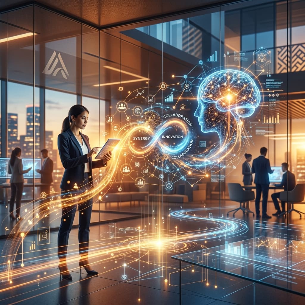 Sleek abstract visualization of human and AI collaboration, futuristic business environment